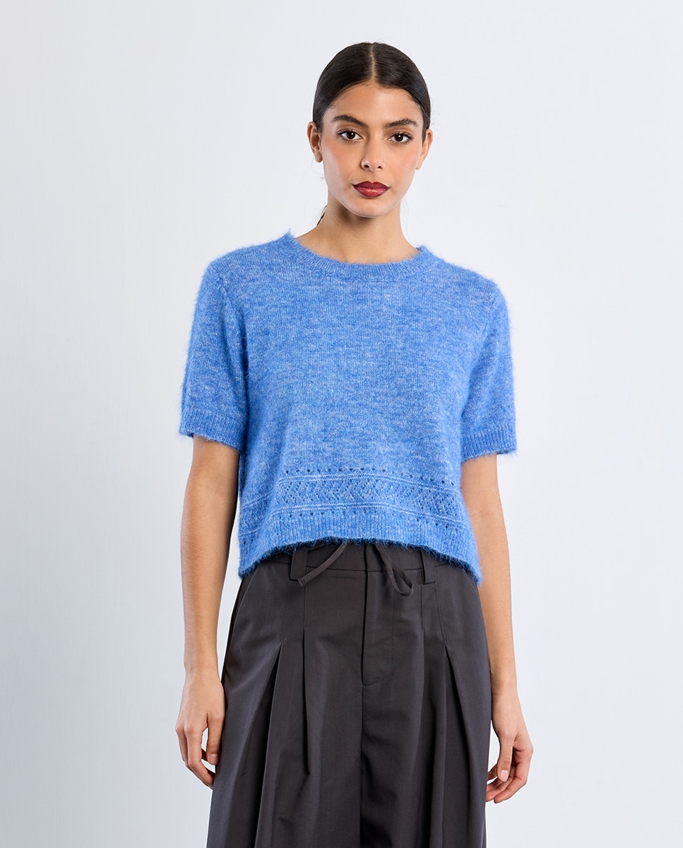 Jersey de mujer de manga corta en punto bordado - Lili Sidonio - Azul Azul-3
