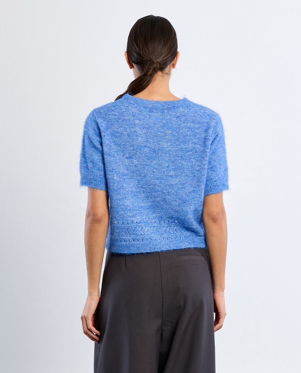 Jersey de mujer de manga corta en punto bordado - Lili Sidonio - Azul Azul-4