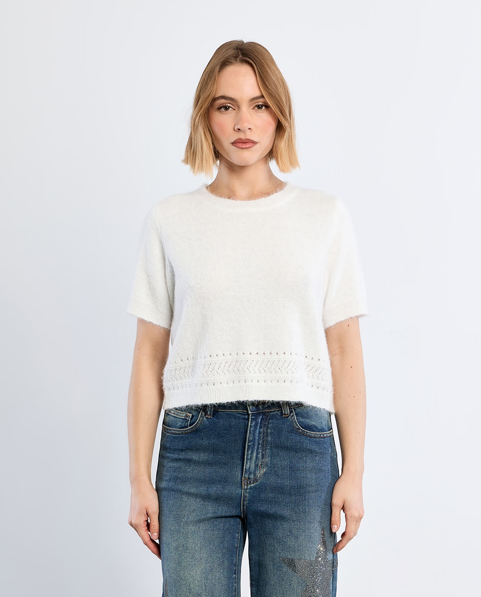 Jersey de mujer de manga corta en punto bordado - Lili Sidonio - Blanco Blanco-3