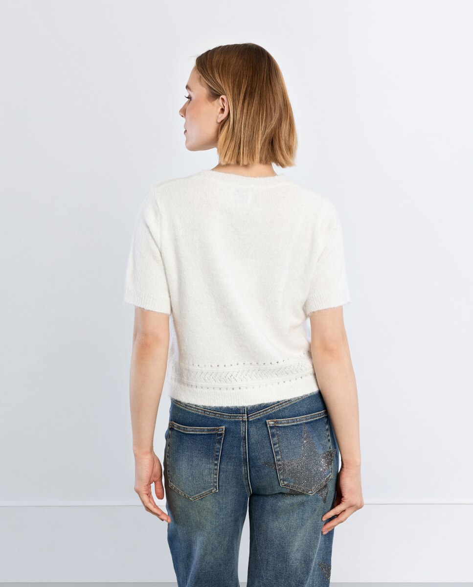 Jersey de mujer de manga corta en punto bordado - Lili Sidonio - Blanco Blanco-4