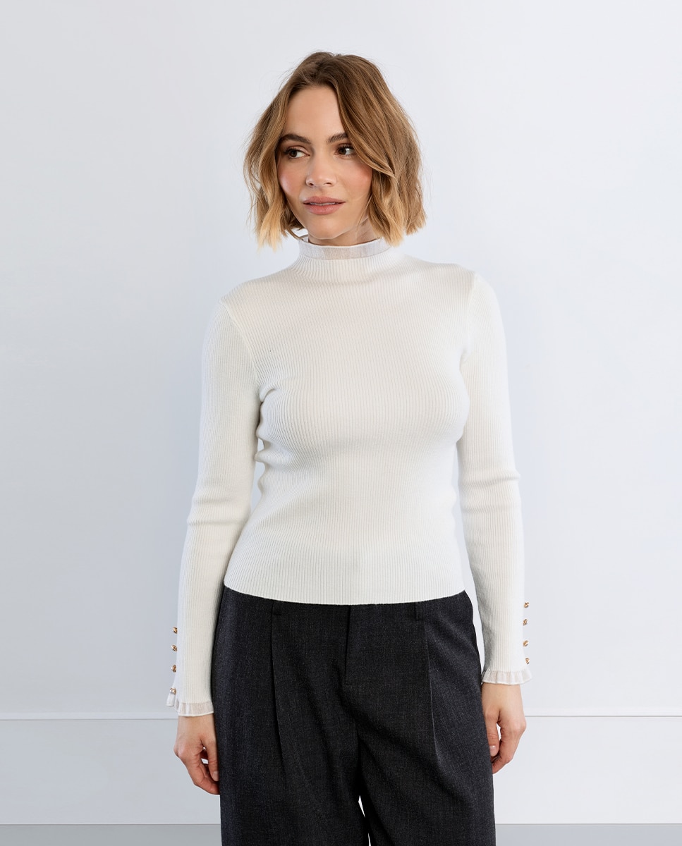 Jersey de mujer de manga larga y volantes - Lili Sidonio - Blanco Blanco-3