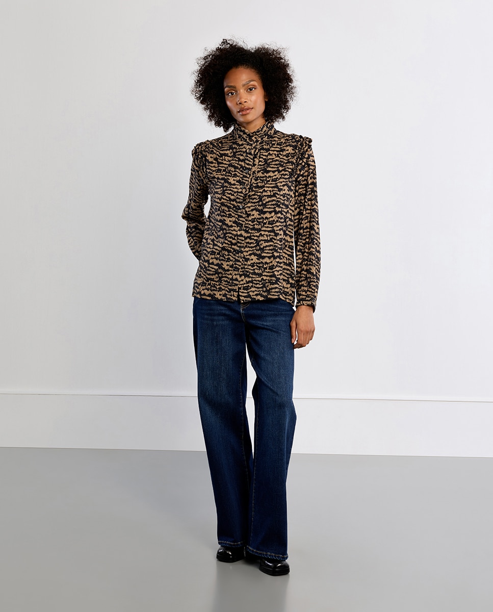 Camisa de mujer de manga larga estampado y volantes - Lili Sidonio - Negro Negro-1