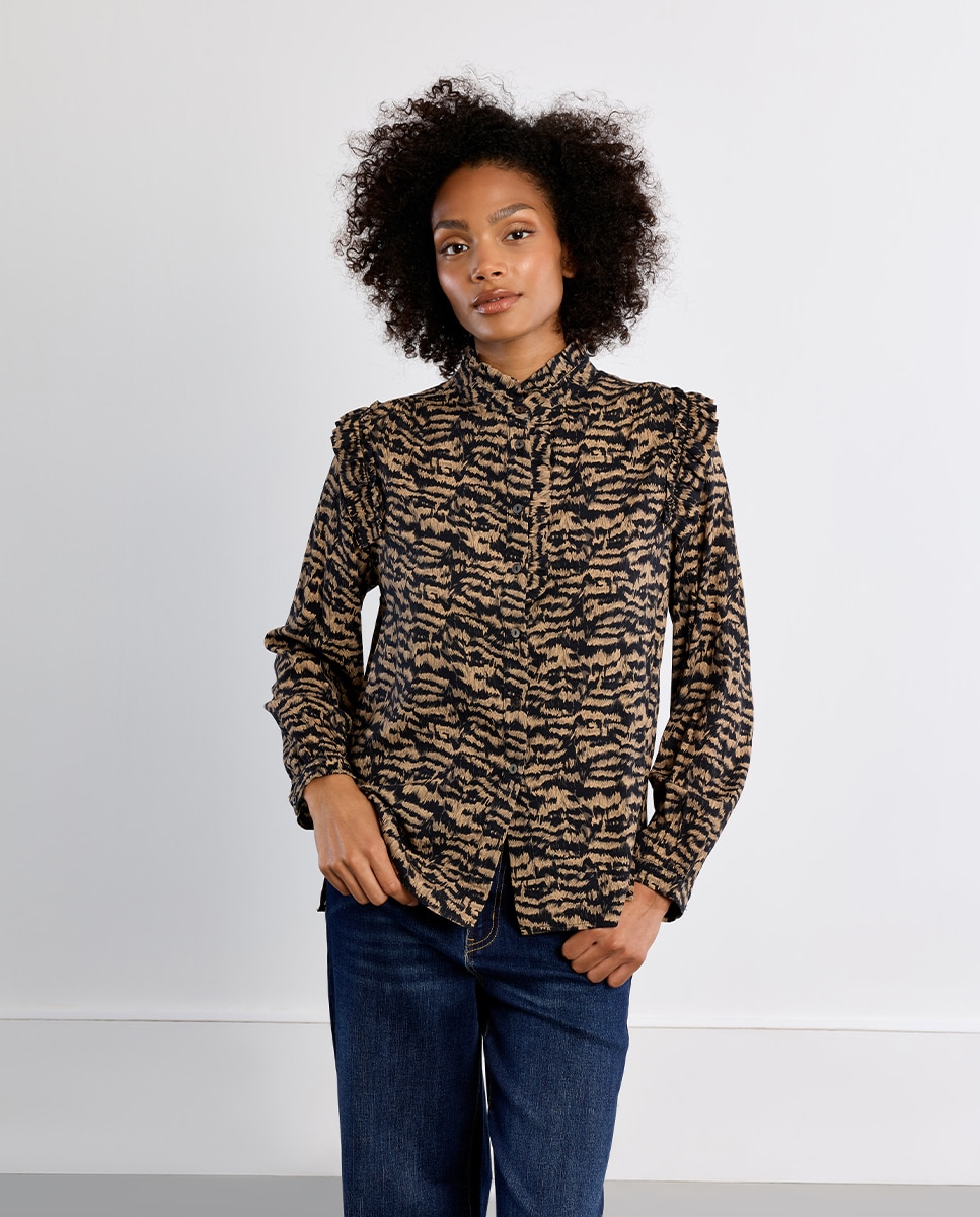 Camisa de mujer de manga larga estampado y volantes - Lili Sidonio - Negro Negro-3