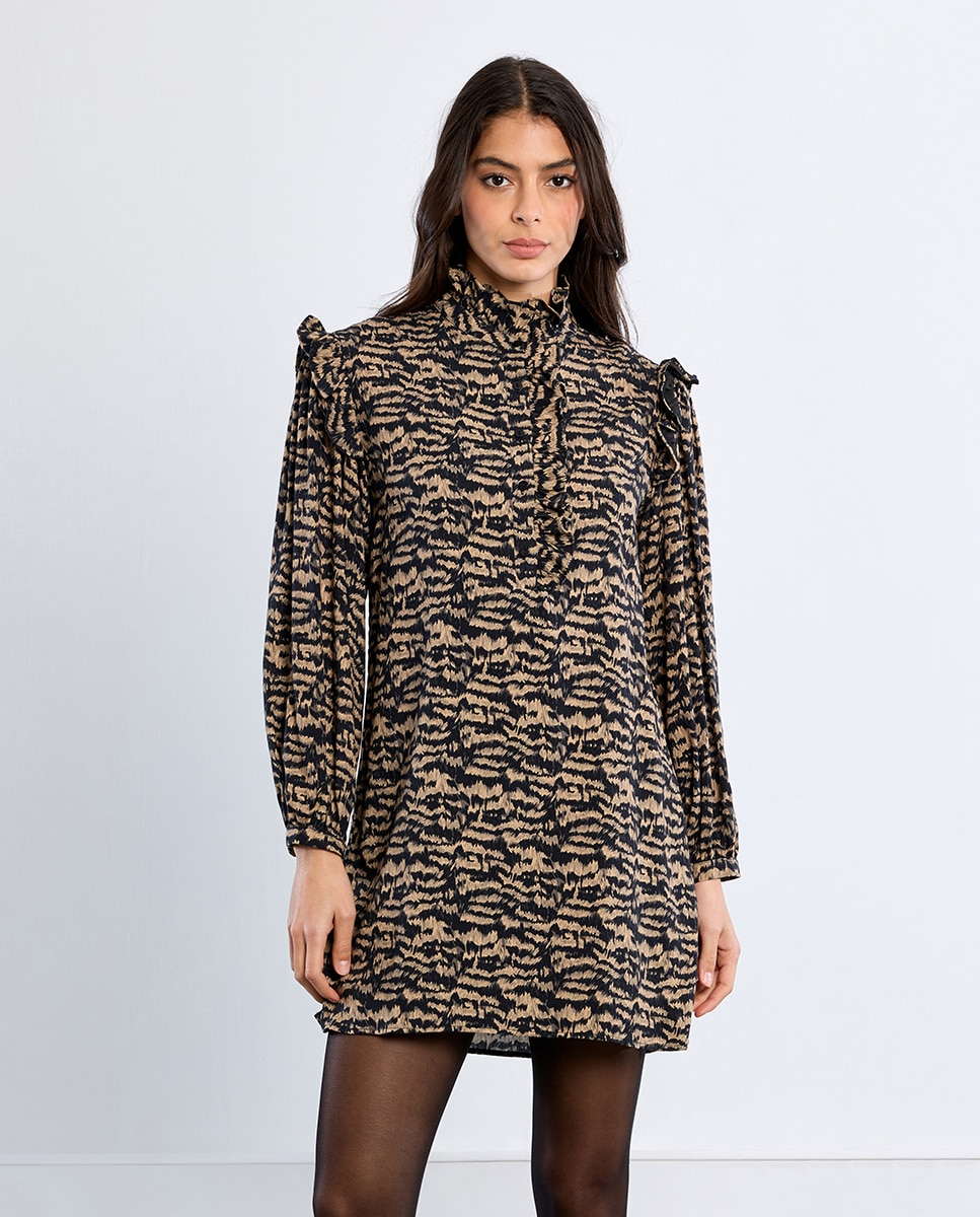 Vestido de manga larga con estampado y volantes - Lili Sidonio - Negro Negro-2