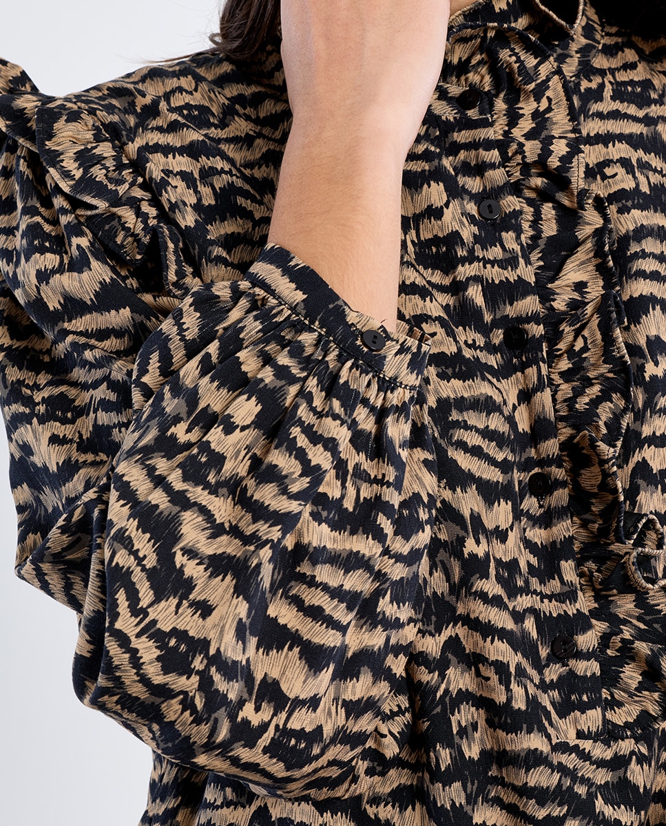 Vestido de manga larga con estampado y volantes - Lili Sidonio - Negro Negro-4