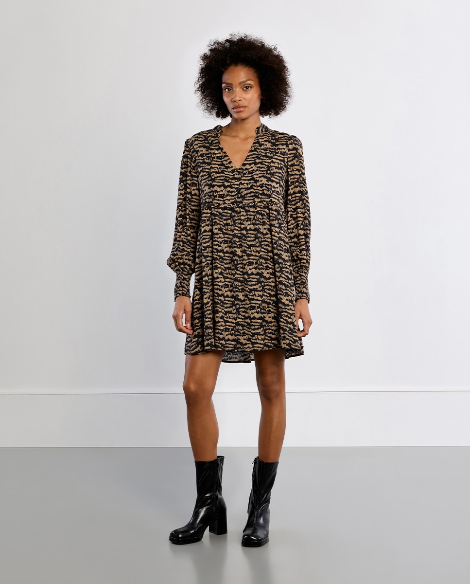 Vestido corto de manga larga con estampado - Lili Sidonio - Negro Negro-1