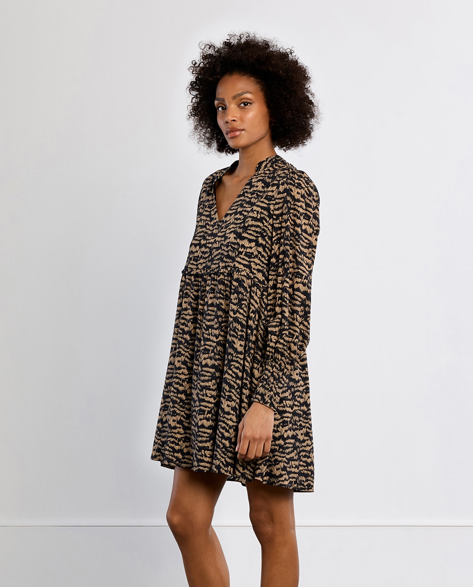 Vestido corto de manga larga con estampado - Lili Sidonio - Negro Negro-3
