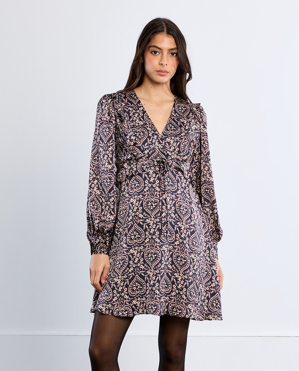 Vestido corto de manga larga con estampado - Lili Sidonio - Negro Negro-2