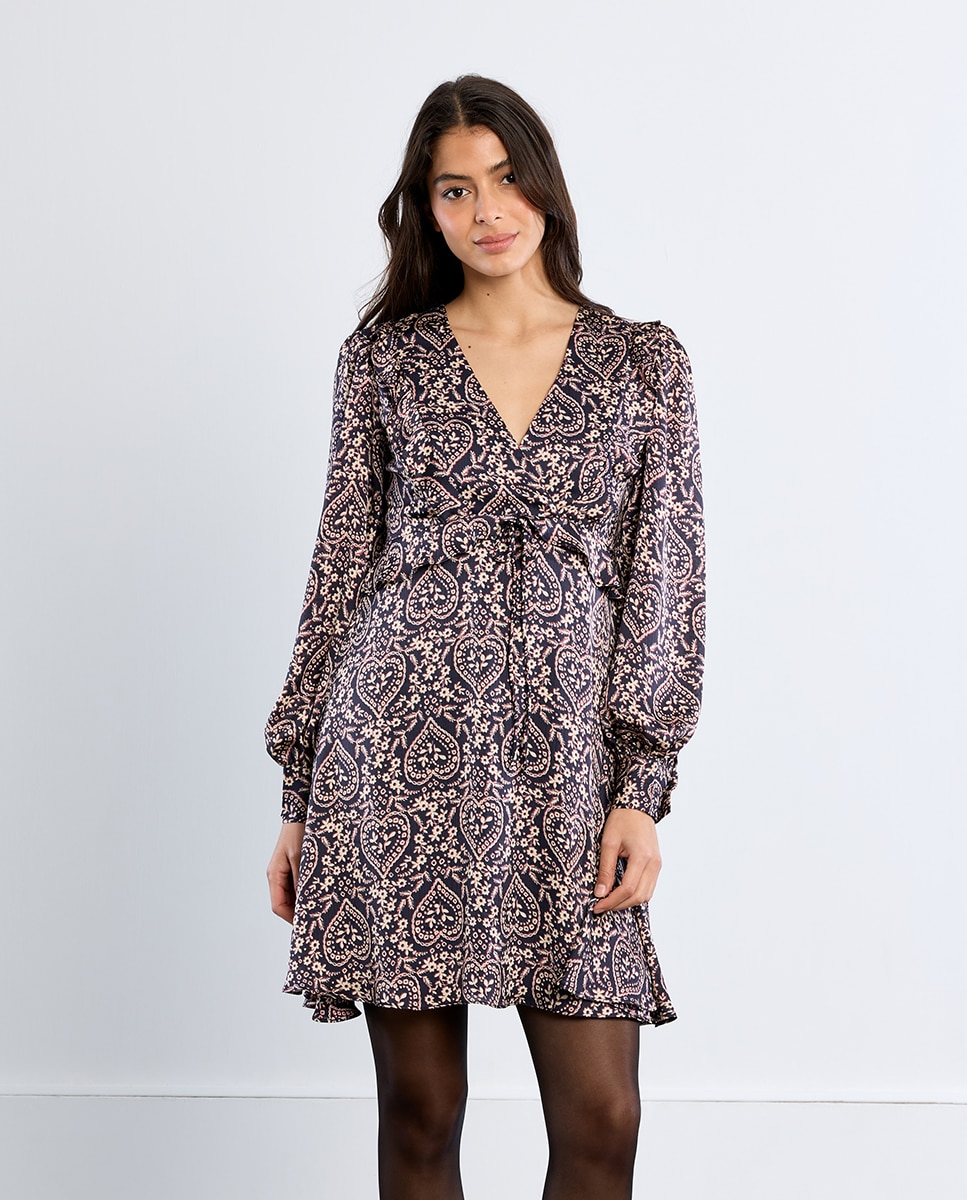 Vestido corto de manga larga con estampado - Lili Sidonio - Negro Negro-3