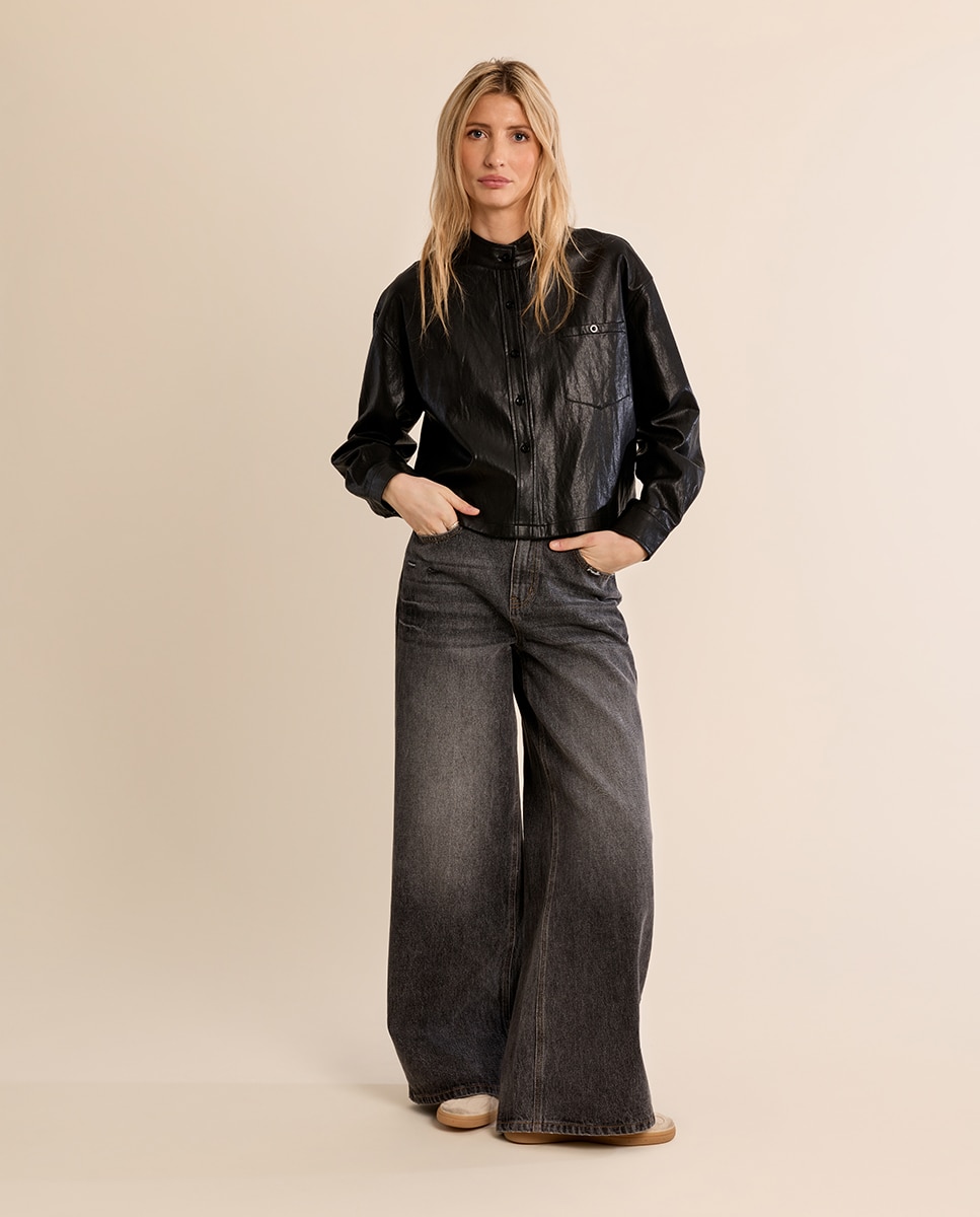 Chaqueta de mujer de manga larga efecto cuero - Molly Bracken - Negro Negro-1
