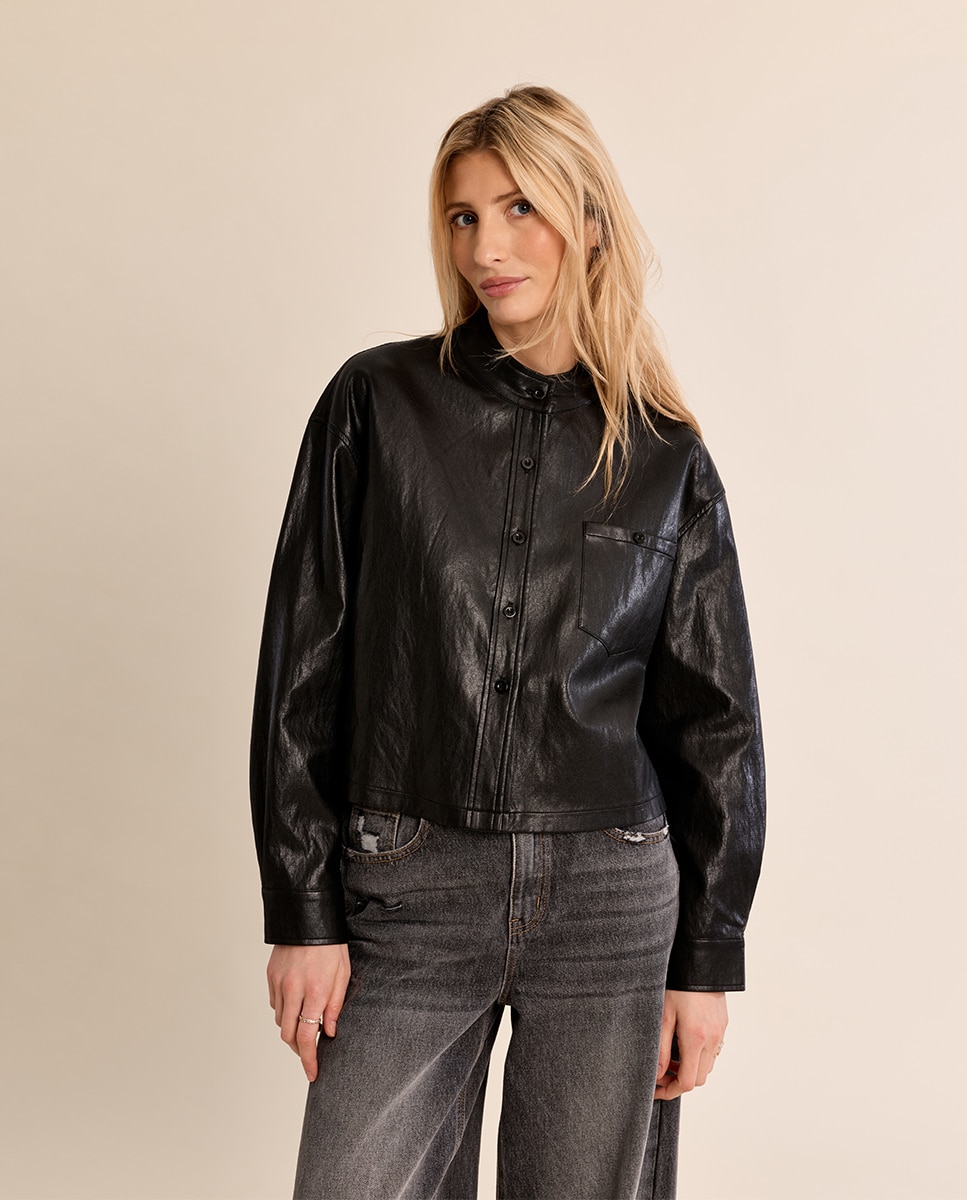 Chaqueta de mujer de manga larga efecto cuero - Molly Bracken - Negro Negro-2