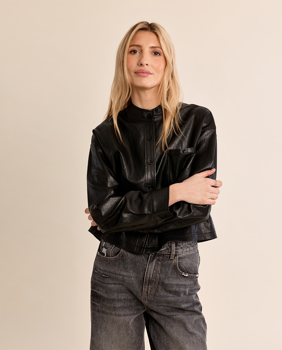 Chaqueta de mujer de manga larga efecto cuero - Molly Bracken - Negro Negro-3