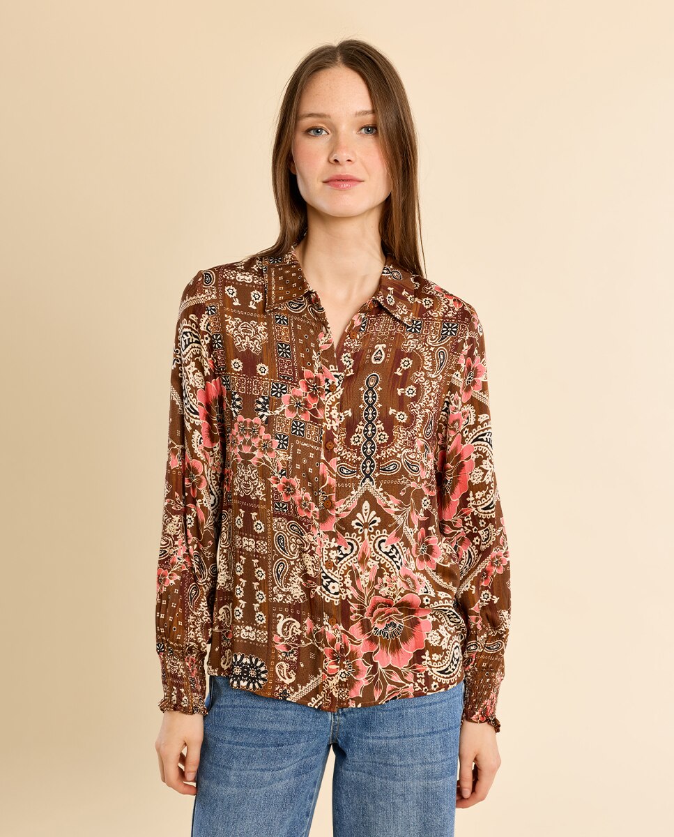 Camisa de mujer de manga larga con estampado - Molly Bracken - Marrón Marrón-2