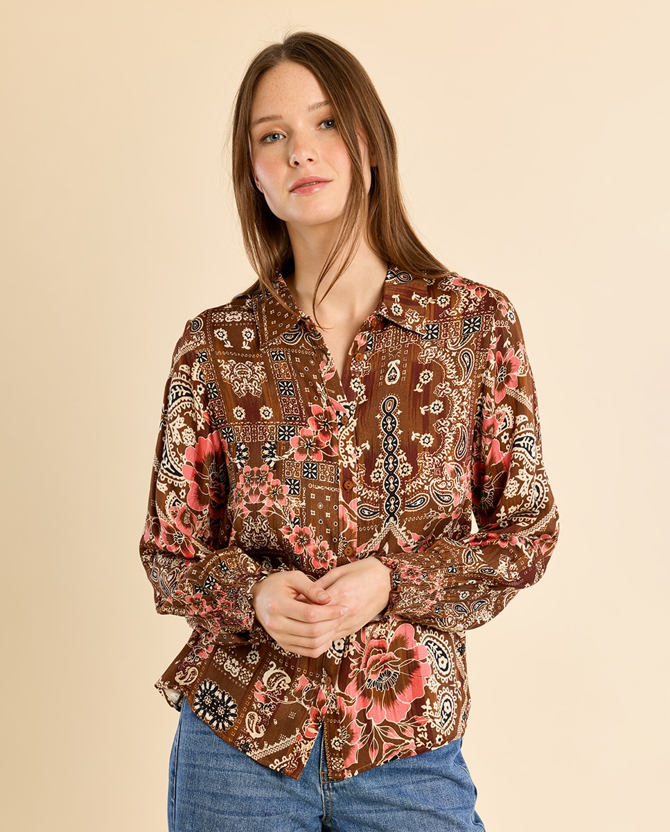 Camisa de mujer de manga larga con estampado - Molly Bracken - Marrón Marrón-3