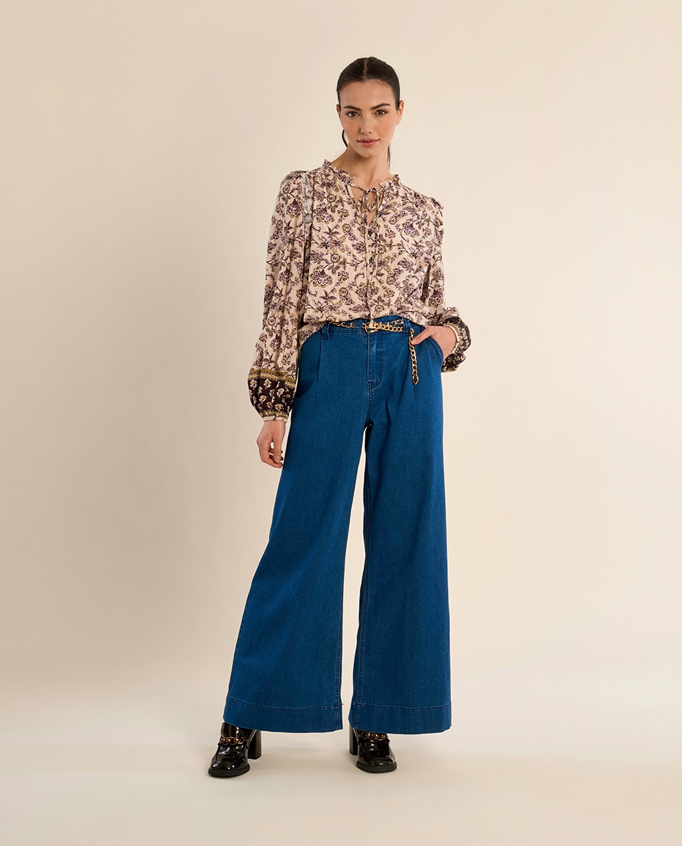 Blusa de mujer de manga larga con lazada y estampado - Molly Bracken - Crudo Crudo-1