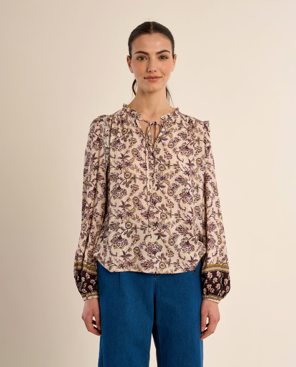 Blusa de mujer de manga larga con lazada y estampado - Molly Bracken - Crudo Crudo-2
