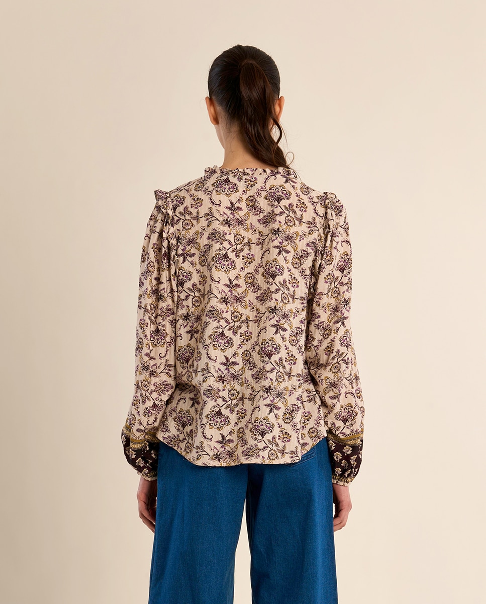 Blusa de mujer de manga larga con lazada y estampado - Molly Bracken - Crudo Crudo-4