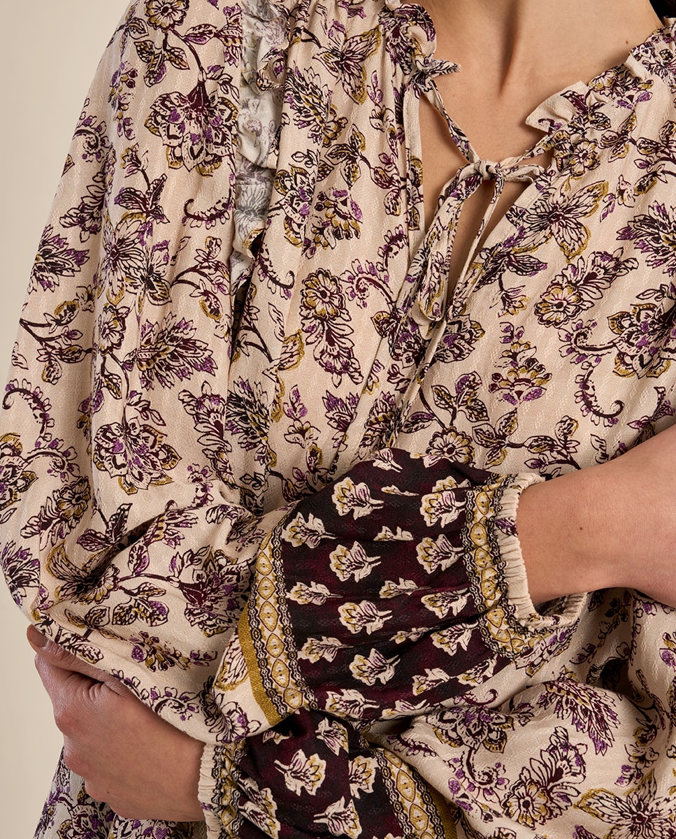 Blusa de mujer de manga larga con lazada y estampado - Molly Bracken - Crudo Crudo-5