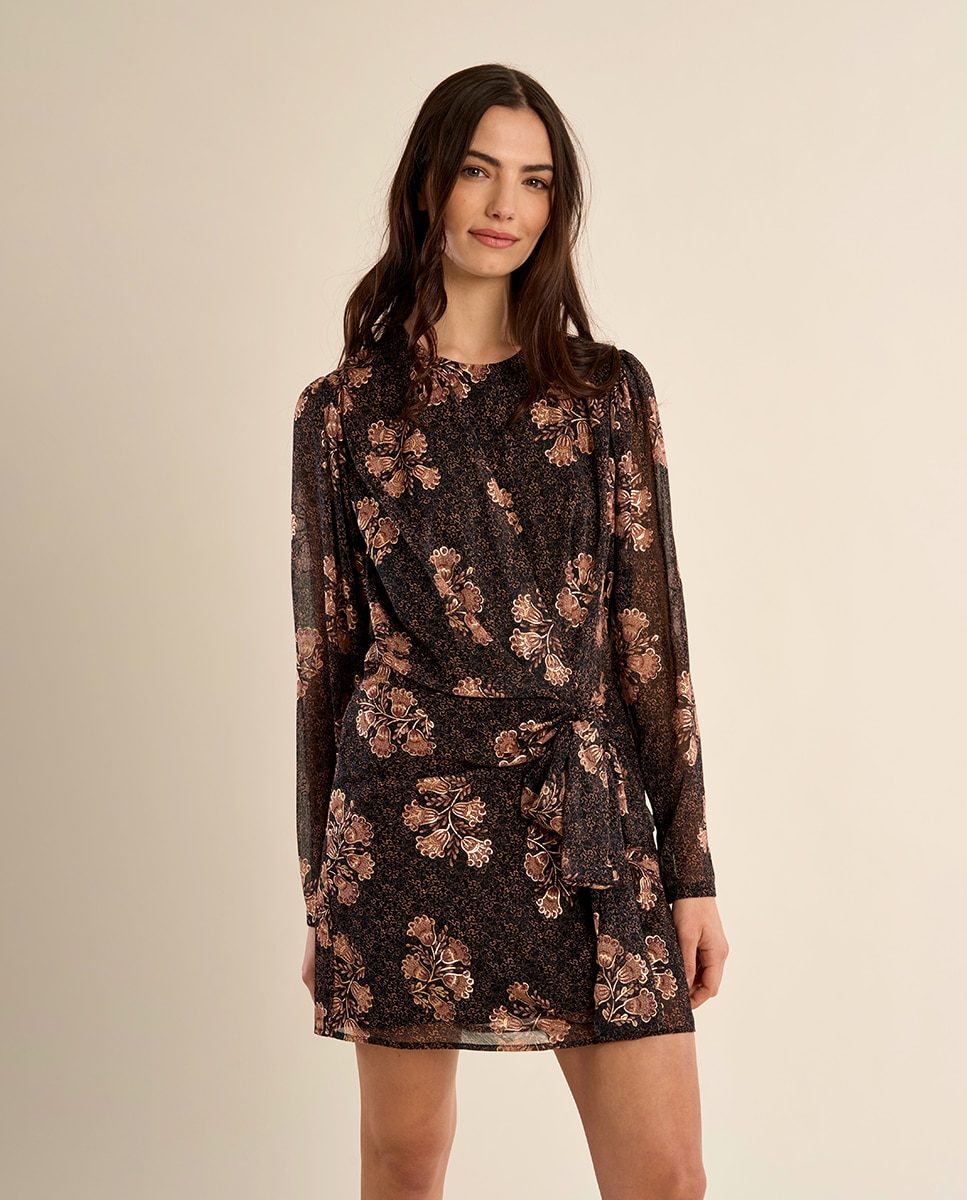 Vestido de manga larga con estampado y lazada - Molly Bracken - Marrón chocolate Marrón chocolate-3