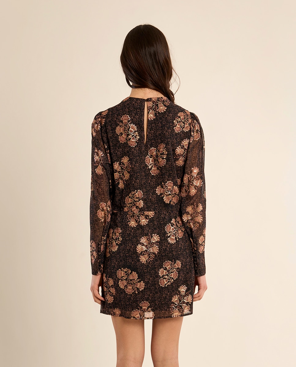 Vestido de manga larga con estampado y lazada - Molly Bracken - Marrón chocolate Marrón chocolate-4