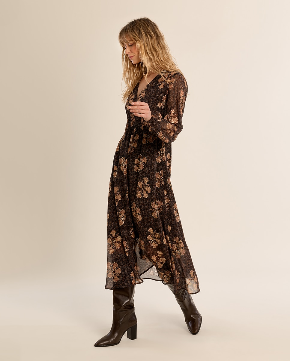 Vestido de manga larga con estampado - Molly Bracken - Marrón chocolate Marrón chocolate-1