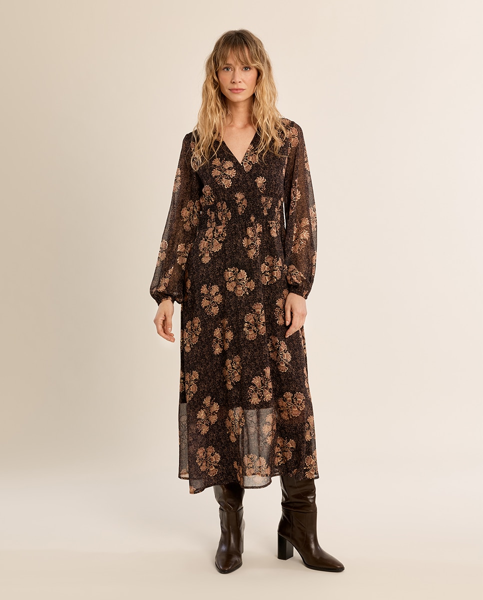 Vestido de manga larga con estampado - Molly Bracken - Marrón chocolate Marrón chocolate-2