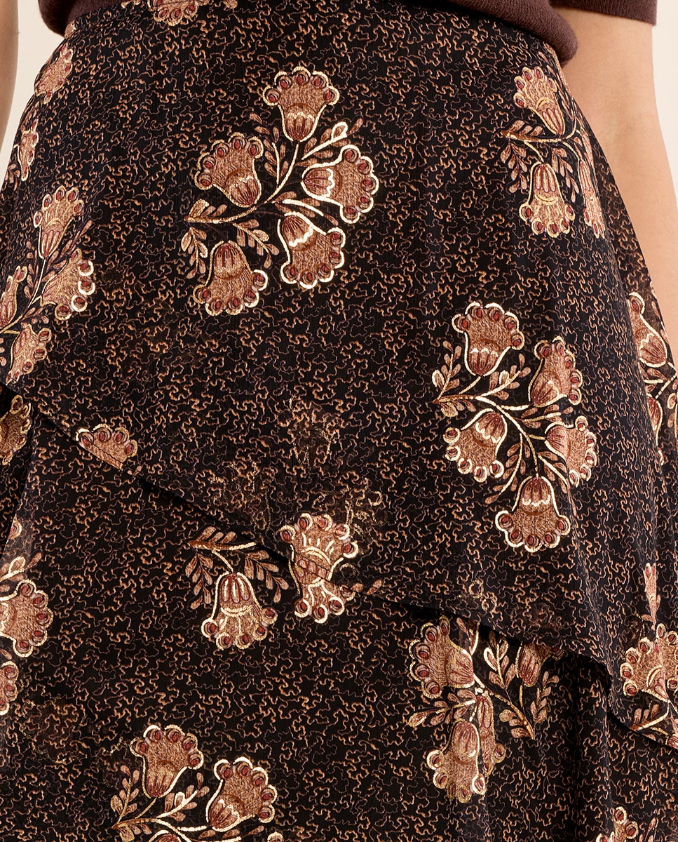 Falda larga con estampado y volantes - Molly Bracken - Marrón chocolate Marrón chocolate-5