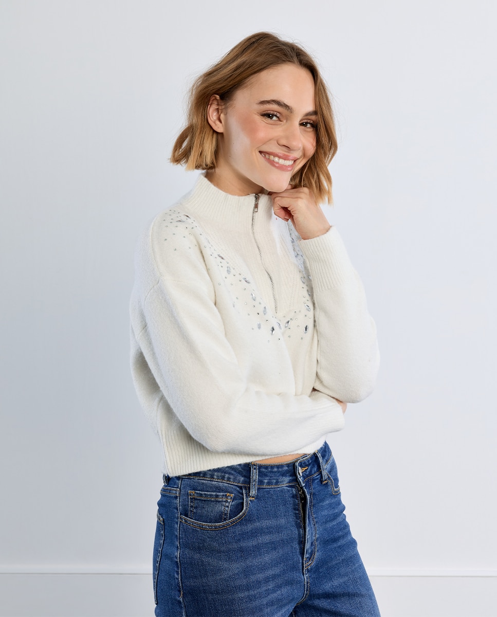 Jersey de mujer de manga larga detalle abalorios - Lili Sidonio - Blanco Blanco-3