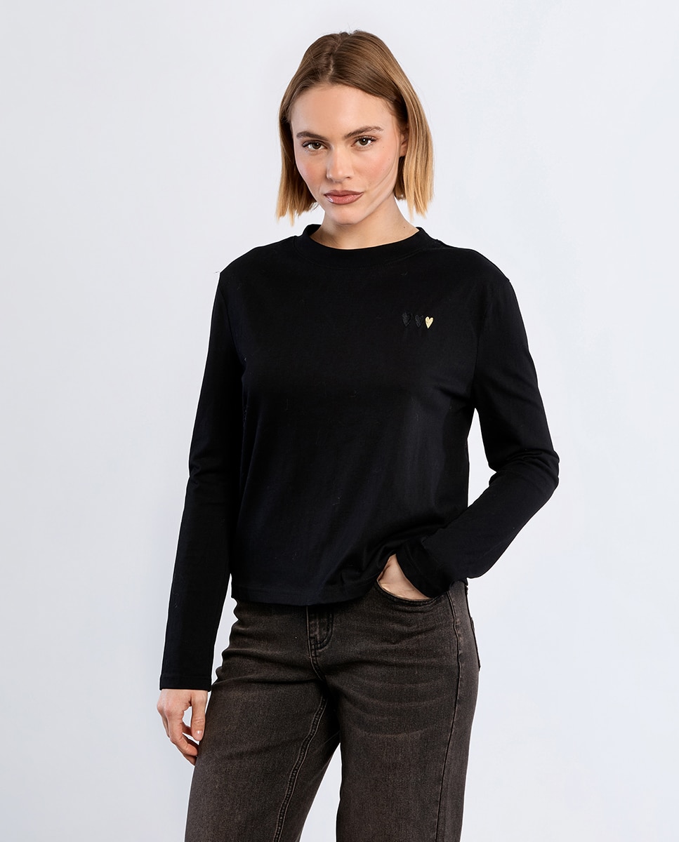 Camiseta de mujer de manga larga estampado corazones - Lili Sidonio - Negro Negro-3