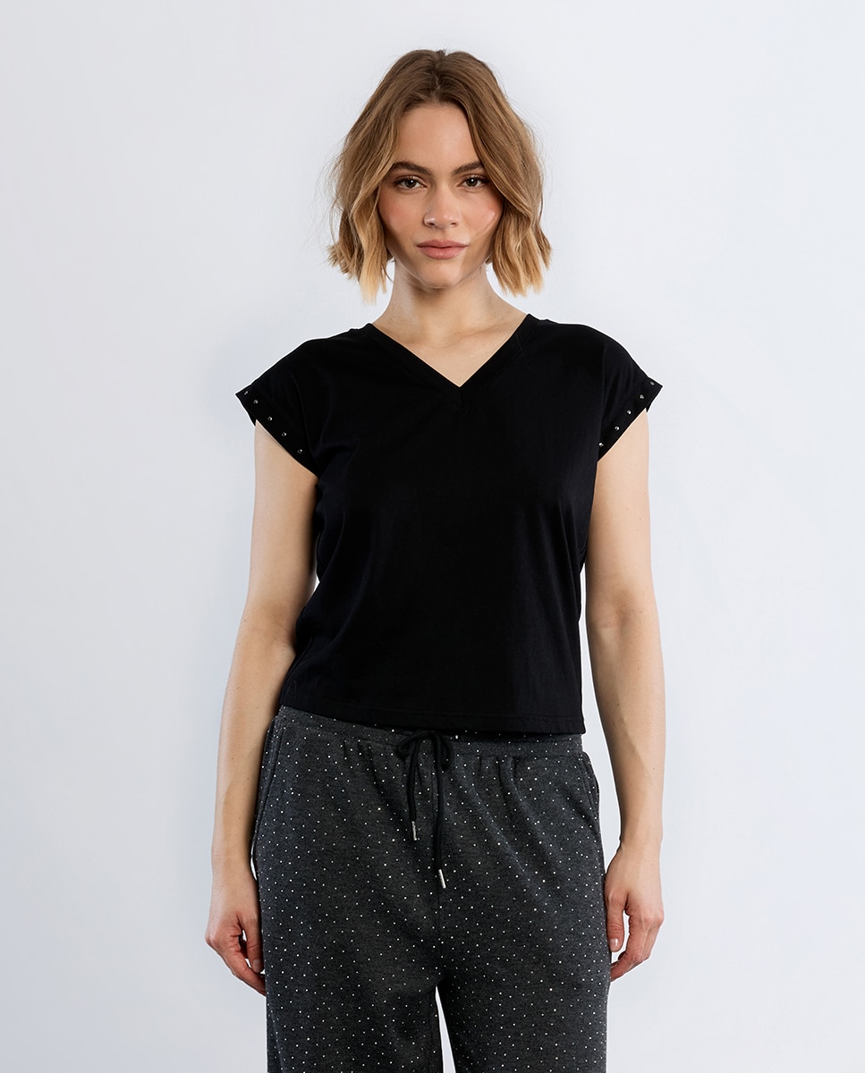 Camiseta de mujer de manga corta detalle tachuelas - Lili Sidonio - Negro Negro-2
