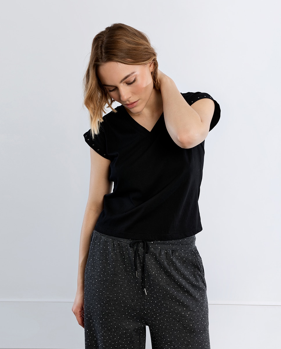 Camiseta de mujer de manga corta detalle tachuelas - Lili Sidonio - Negro Negro-3