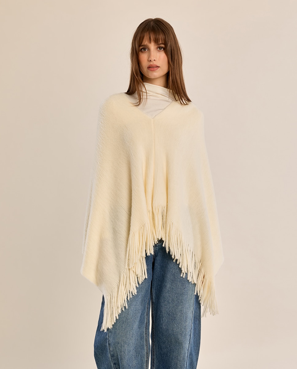 Poncho de mujer asimétrico con flecos - Molly Bracken - Crudo Crudo-2