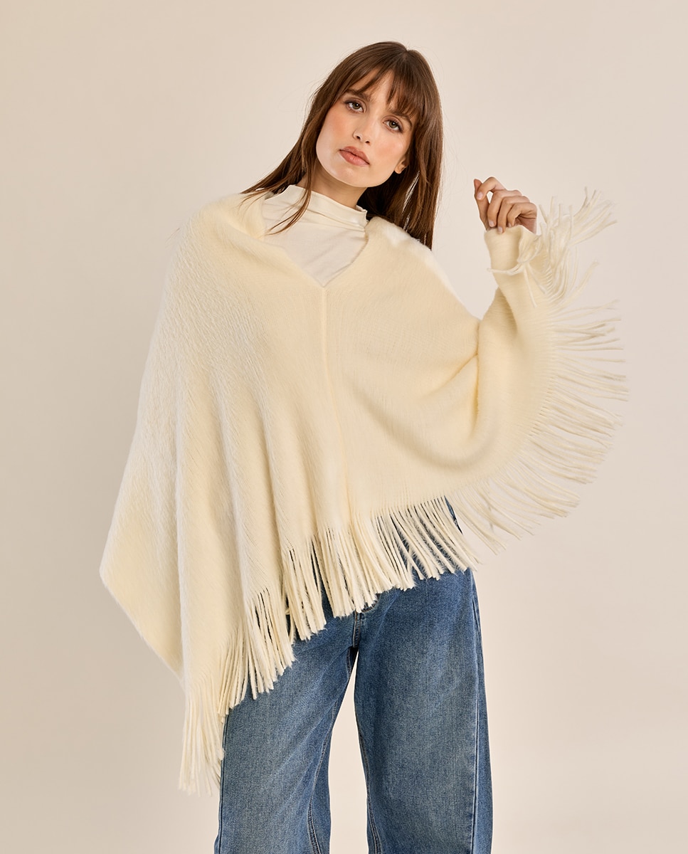 Poncho de mujer asimétrico con flecos - Molly Bracken - Crudo Crudo-3
