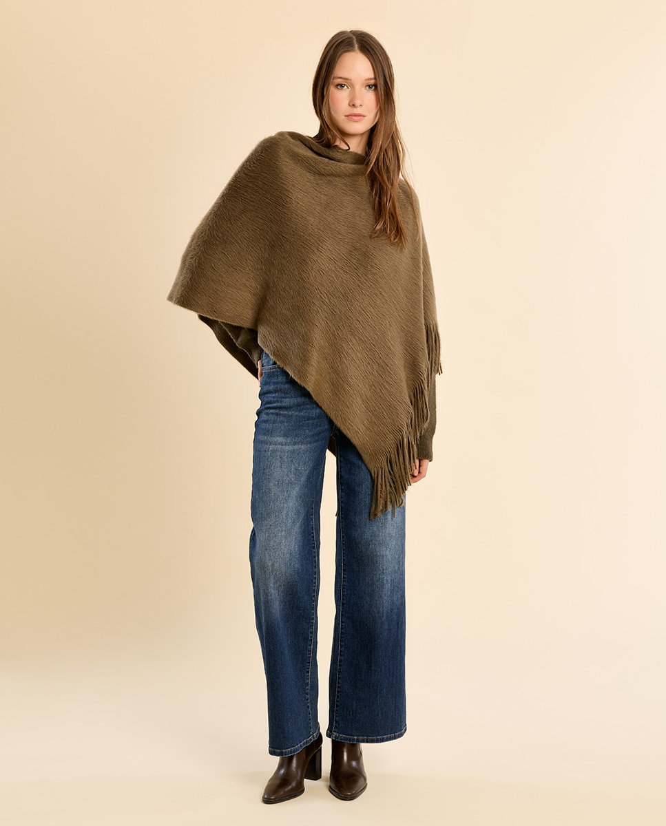 Poncho de mujer asimétrico con flecos - Molly Bracken - Kaki Kaki-1