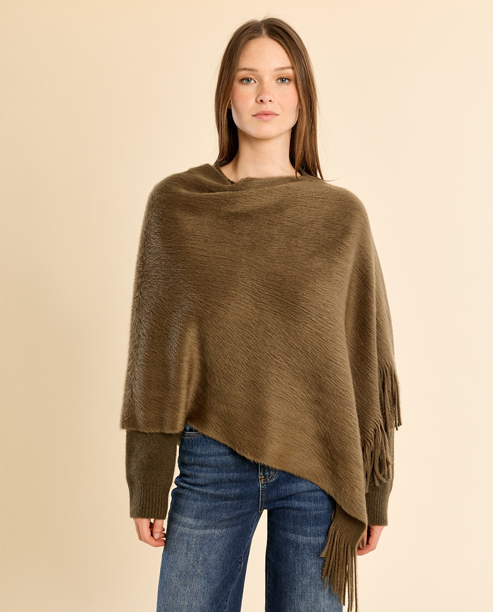 Poncho de mujer asimétrico con flecos - Molly Bracken - Kaki Kaki-2