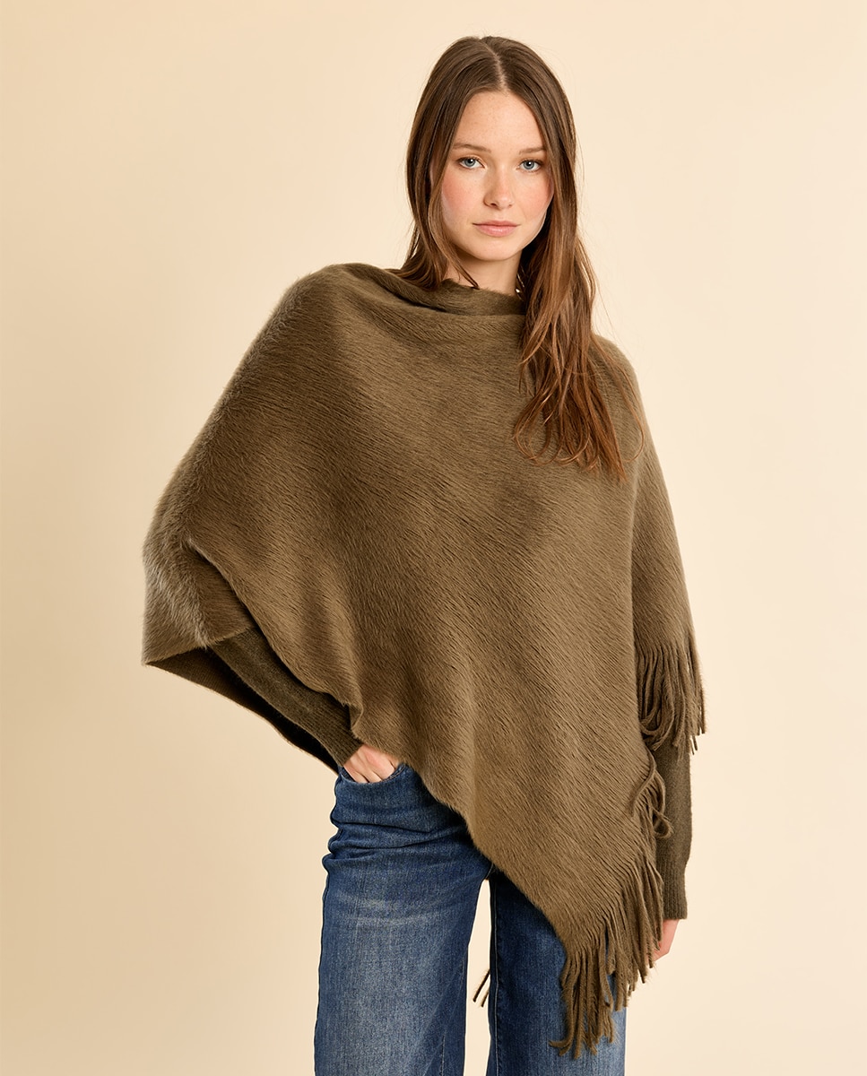 Poncho de mujer asimétrico con flecos - Molly Bracken - Kaki Kaki-3