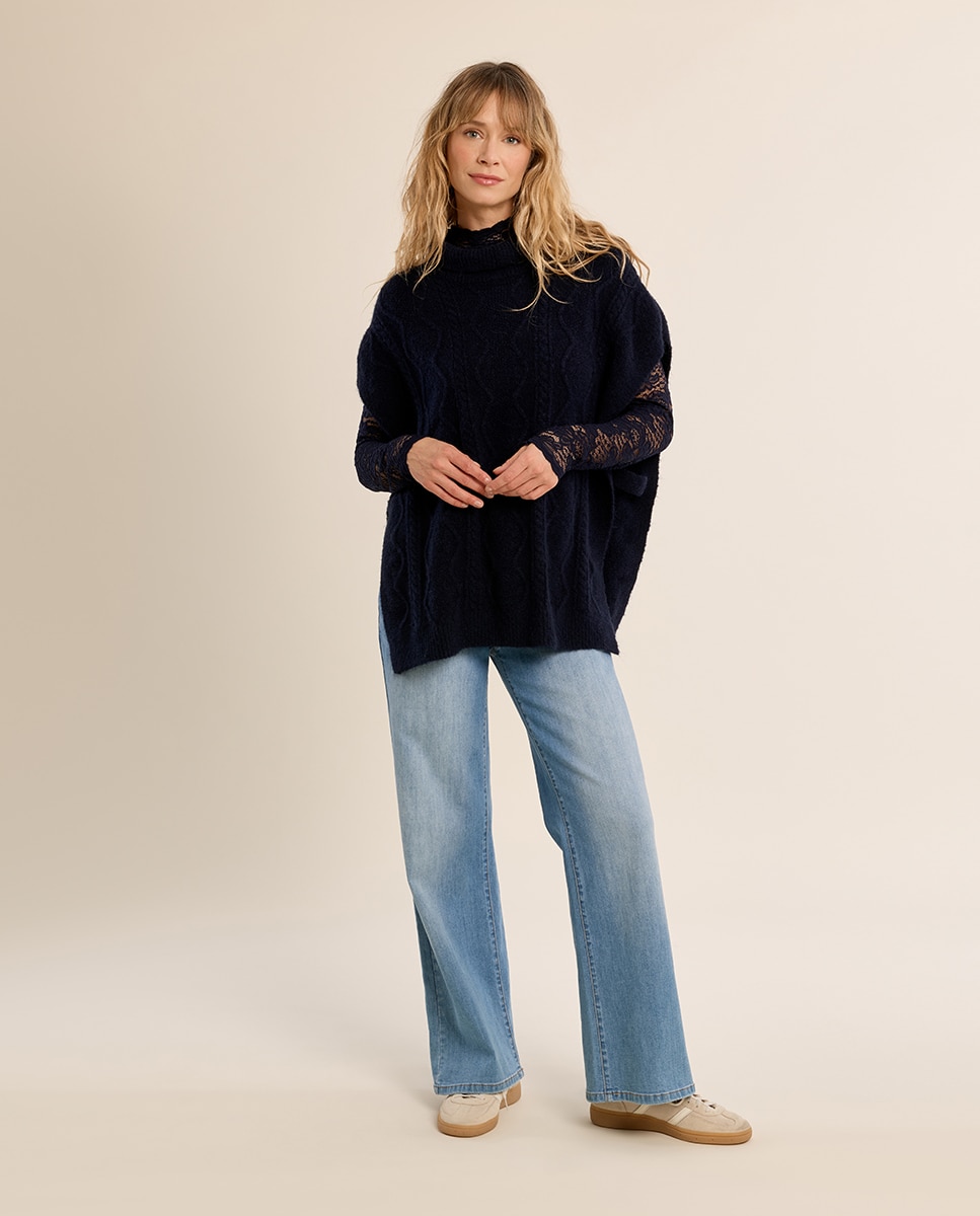 Poncho de mujer asimétrico con cuello alto - Molly Bracken - Azul marino Azul marino-1