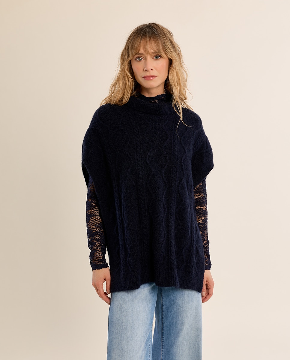 Poncho de mujer asimétrico con cuello alto - Molly Bracken - Azul marino Azul marino-2