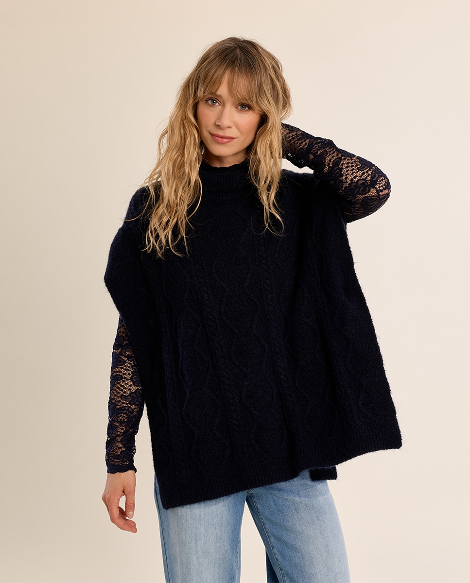 Poncho de mujer asimétrico con cuello alto - Molly Bracken - Azul marino Azul marino-3
