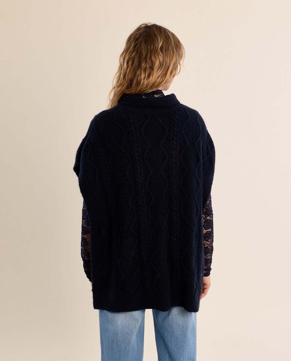 Poncho de mujer asimétrico con cuello alto - Molly Bracken - Azul marino Azul marino-4