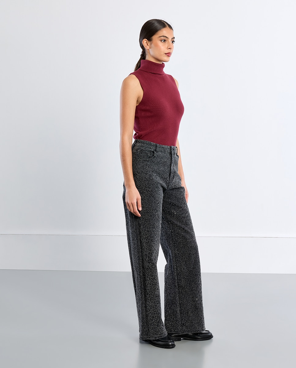 Pantalón de mujer largo vaquero con estampado - Lili Sidonio - Negro Negro-1