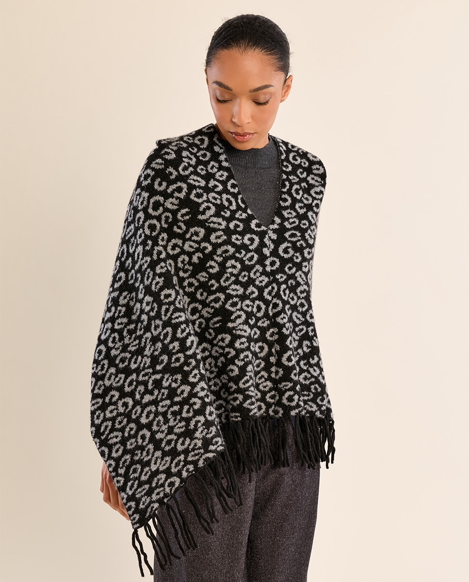 Poncho de mujer con estampado y flecos - Molly Bracken - Negro Negro-3