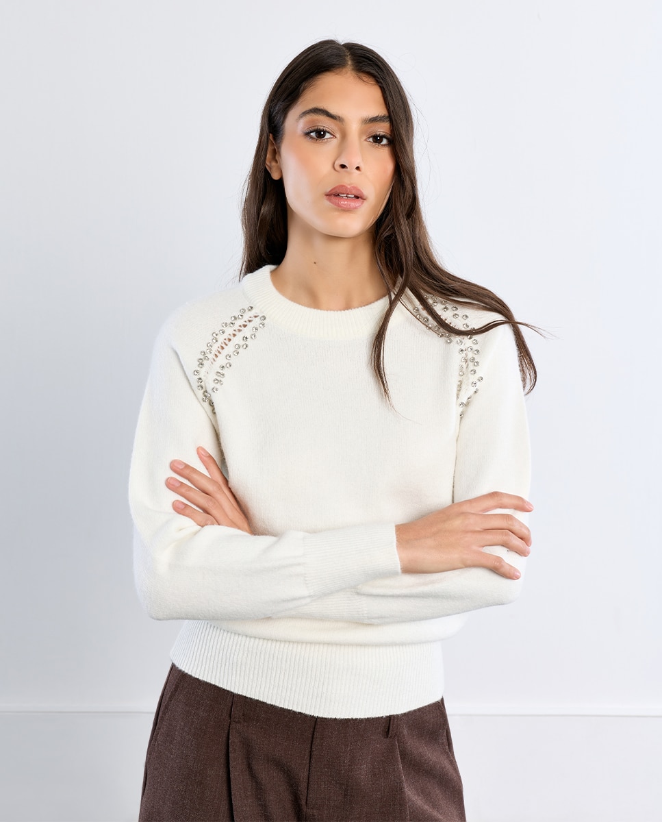 Jersey de mujer de manga larga detalle abalorios - Lili Sidonio - Blanco Blanco-1
