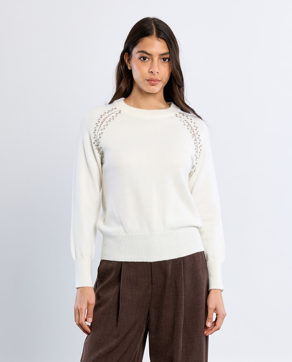 Jersey de mujer de manga larga detalle abalorios - Lili Sidonio - Blanco Blanco-3