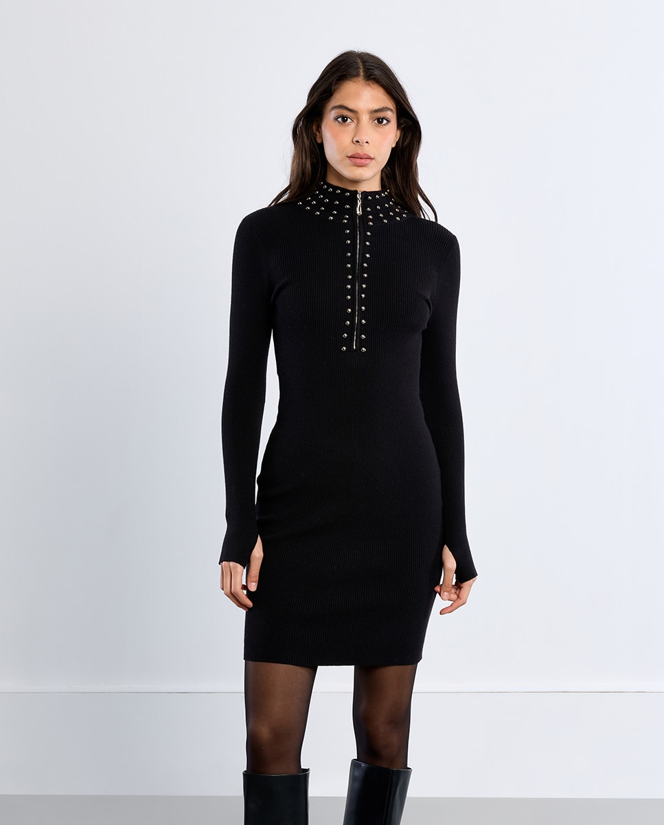 Vestido midi de punto detalle abalorios - Lili Sidonio - Negro Negro-2