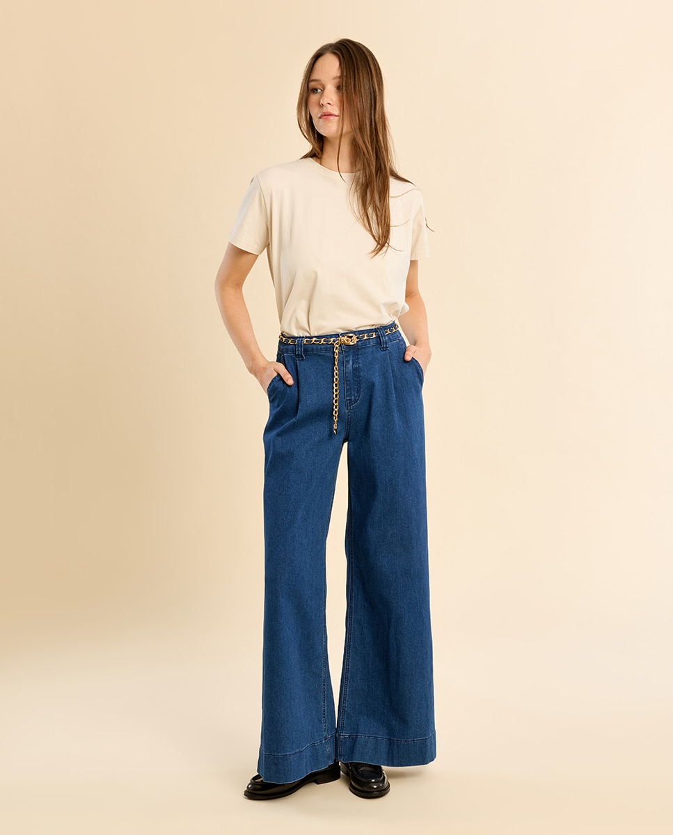 Pantalón de mujer vaquero perneras anchas - Molly Bracken - Azul Azul-1