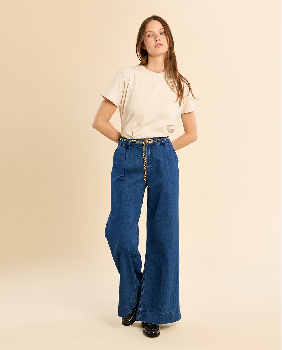 Pantalón de mujer vaquero perneras anchas - Molly Bracken - Azul Azul-3