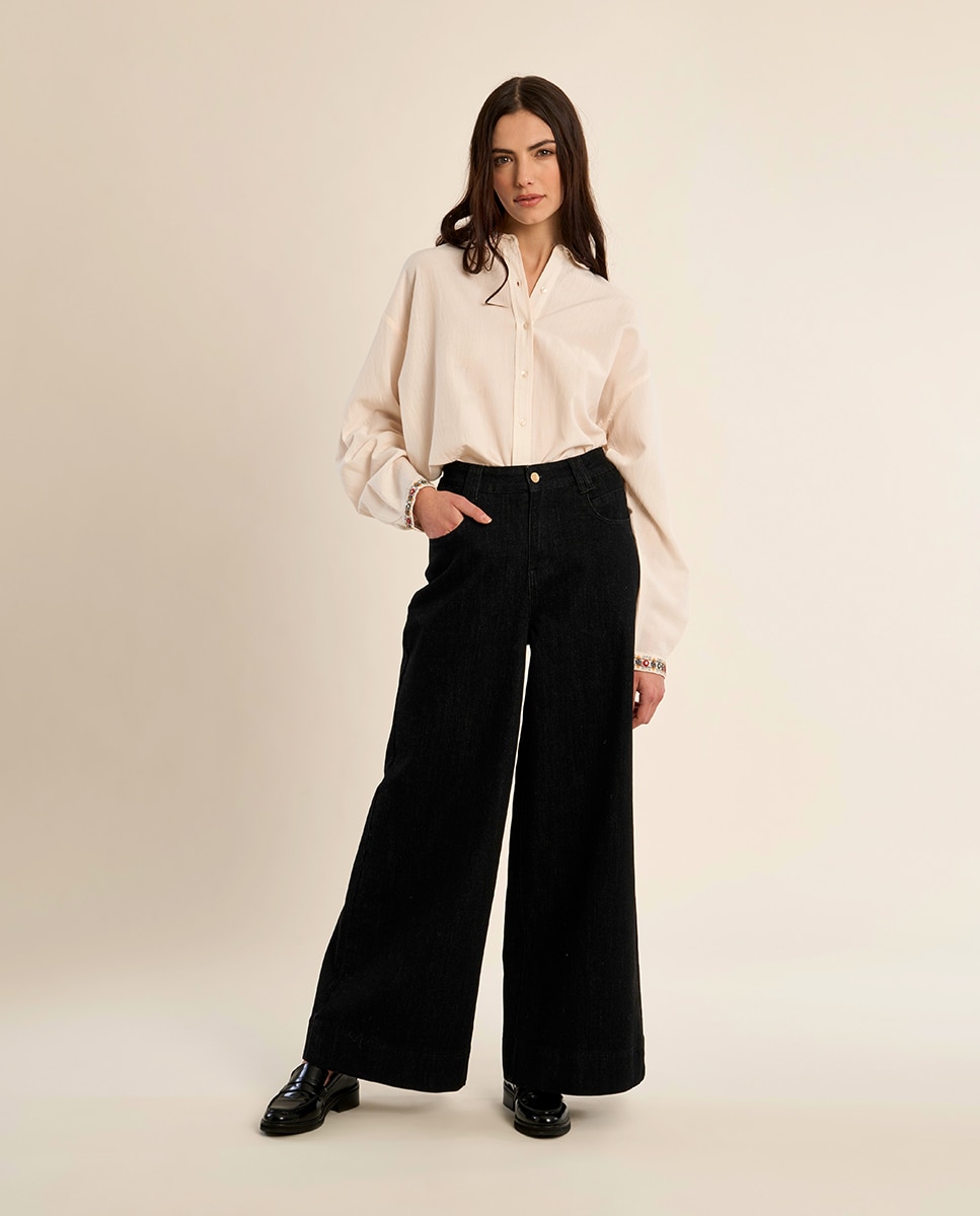 Pantalón de mujer vaquero perneras anchas - Molly Bracken - Negro Negro-3