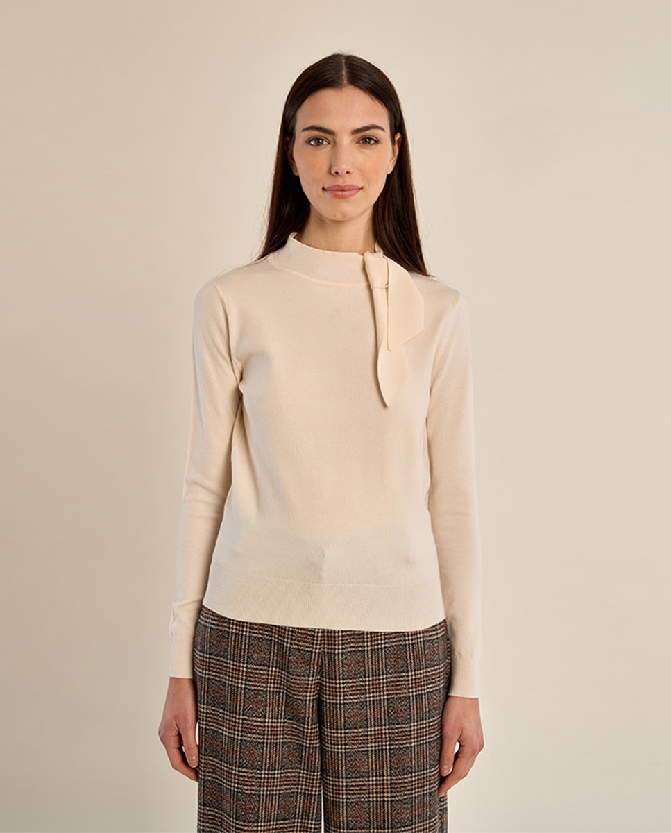Jersey de mujer de manga larga detalle lazo - Molly Bracken - Crema Crema-2