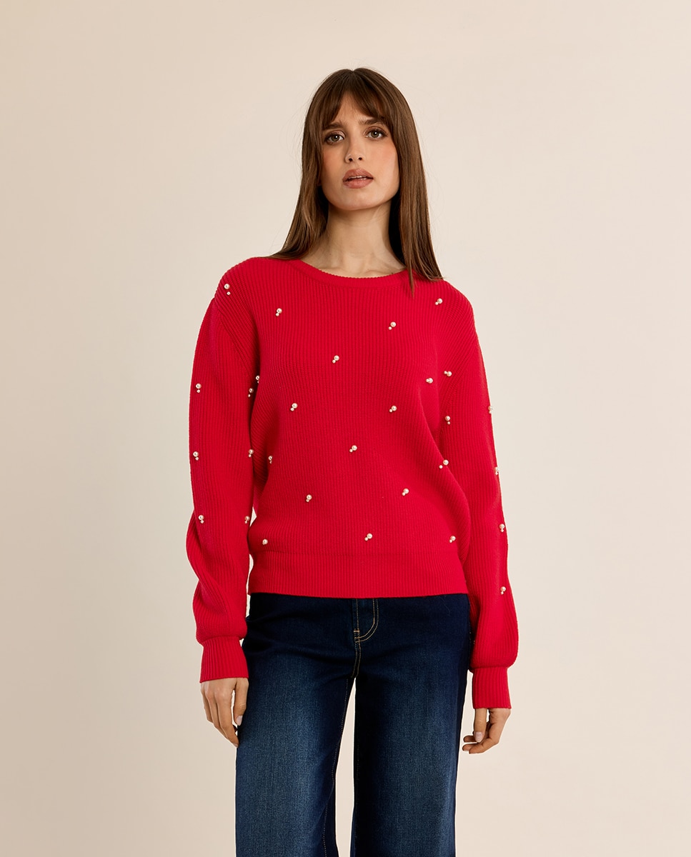 Jersey de mujer de manga larga con abalorios - Molly Bracken - Rojo Rojo-2
